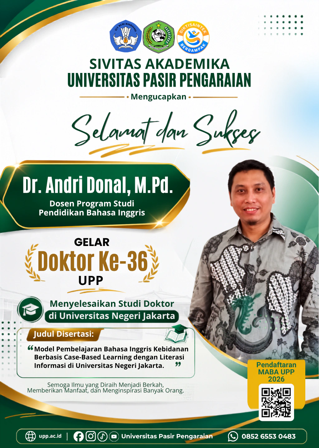 Tambah SDM Berkualitas, Doktor ke 36 UPP Dr. Andri Donal selesaikan studi di Universitas Negeri Jakarta